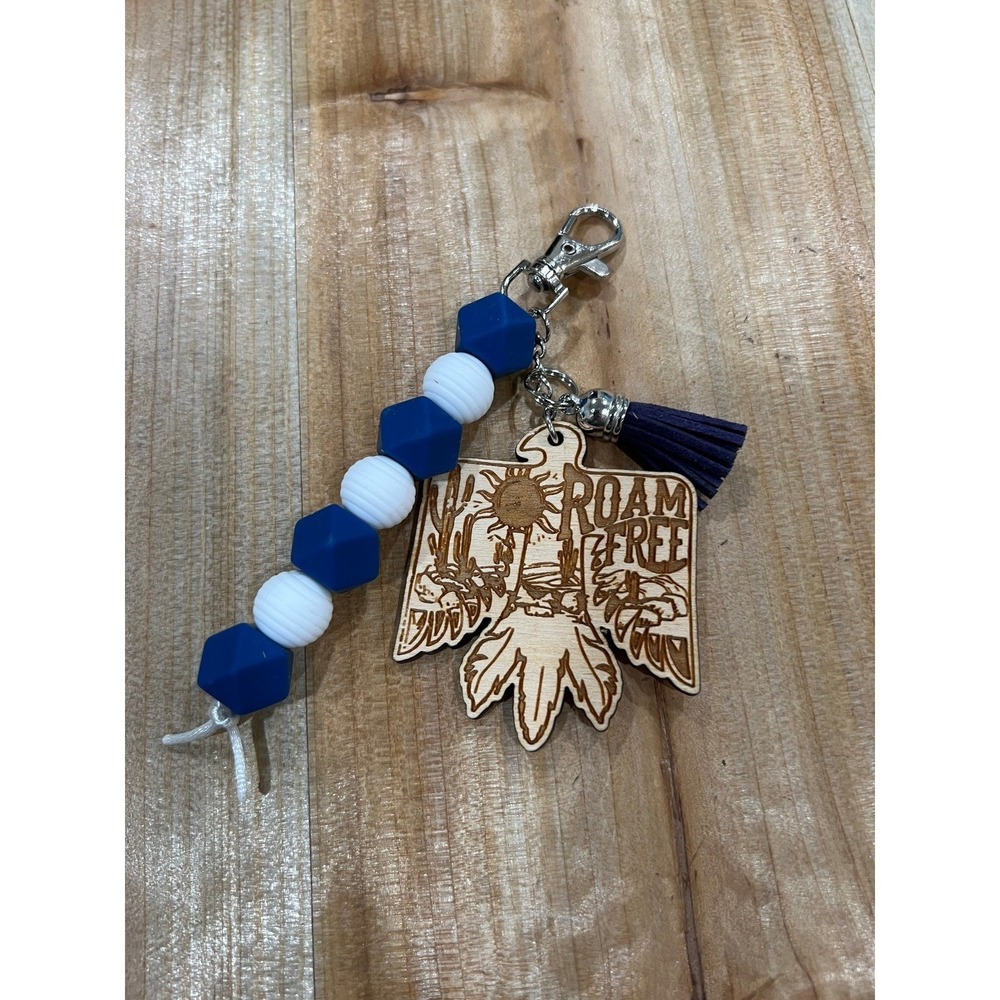 Roam Free Blue and White Silicone Bead Lobster Clasp Keychain Purse Charm Wood